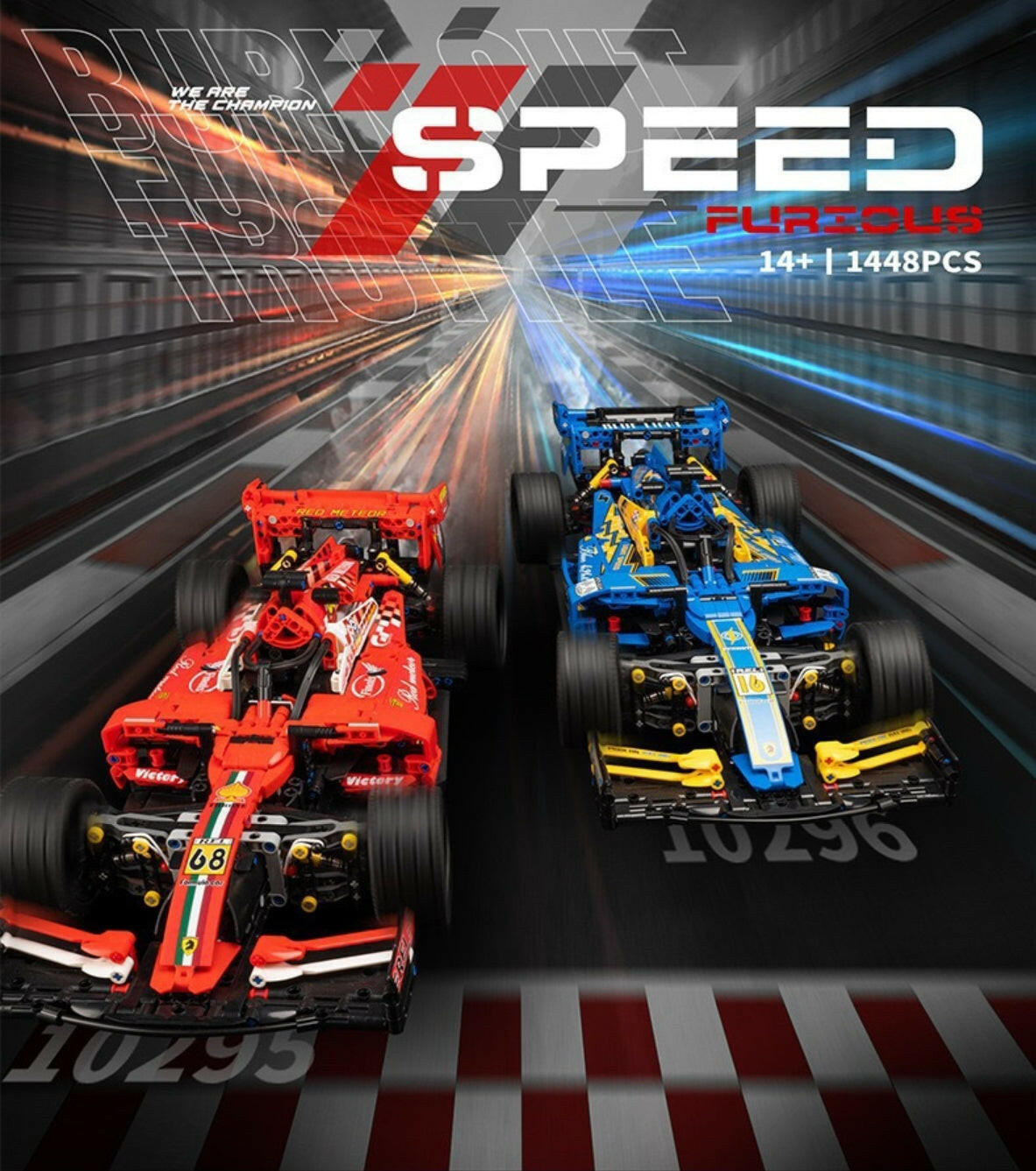 1:8 Formula One racing car model, available in red and blue (1448 pieces)