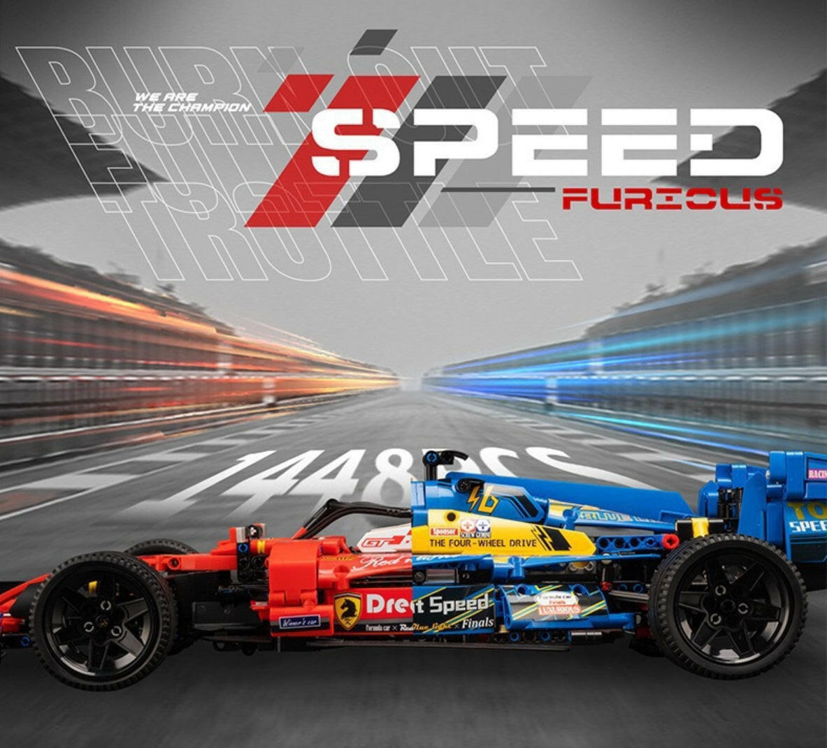 1:8 Formula One racing car model, available in red and blue (1448 pieces)