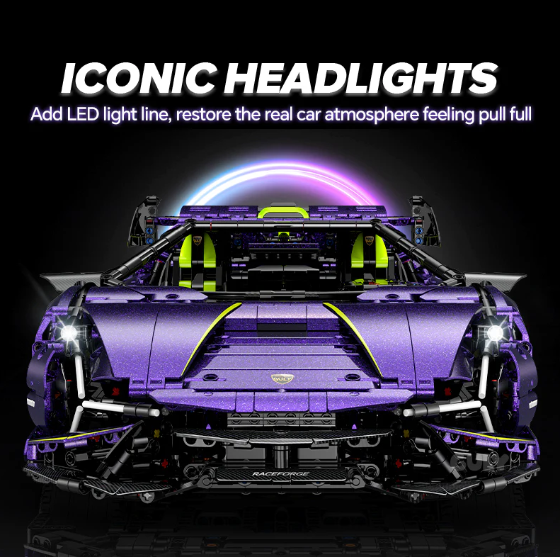 1:8 scale purple Lambo supercar with custom starry sky finish (3654 pieces)