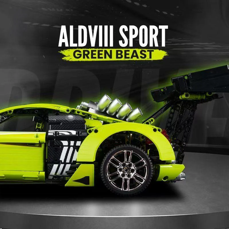 R8 Green Beast, a large rear wing building block supercar (2641 pieces)