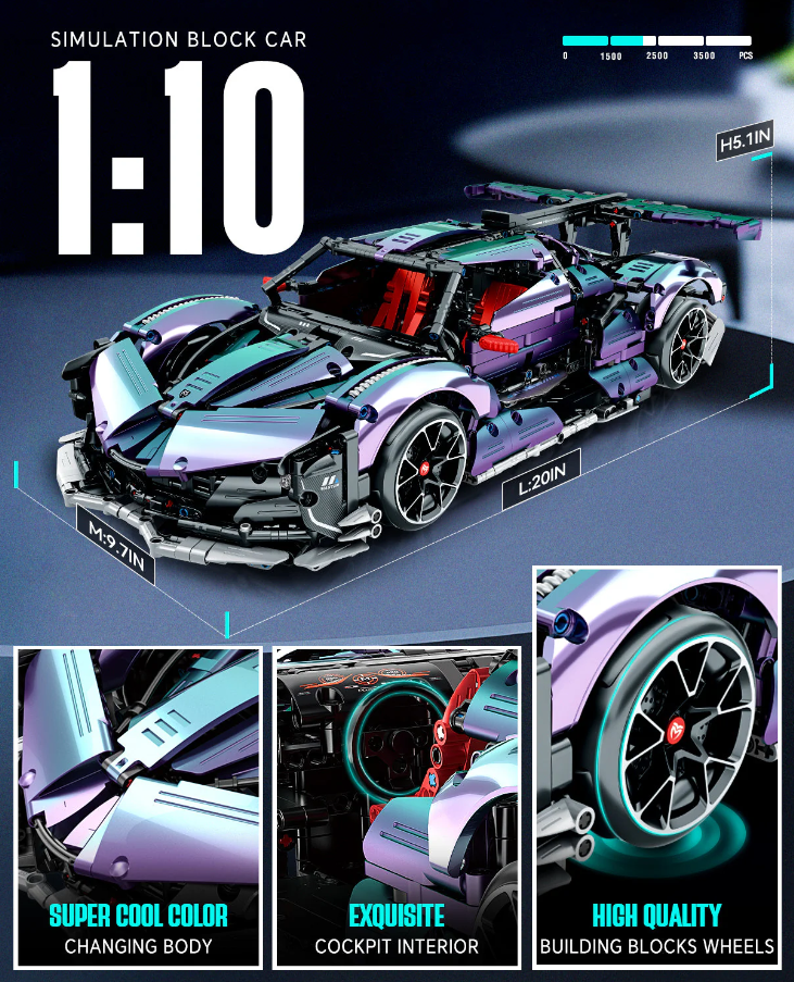 1:10 Apollo Super Electroplated Sports Car, Remote Control Drift, Electric Gull-wing Doors, 2036 Pieces