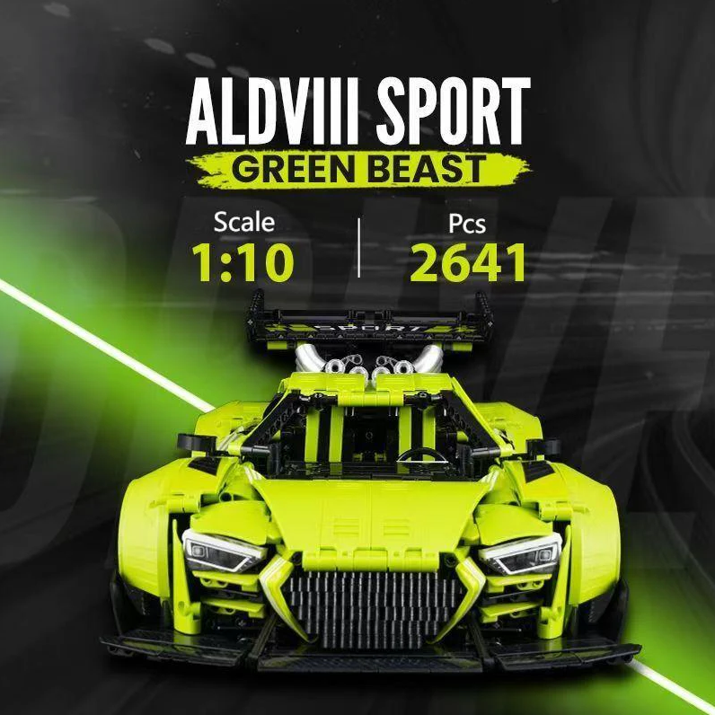 R8 Green Beast, a large rear wing building block supercar (2641 pieces)