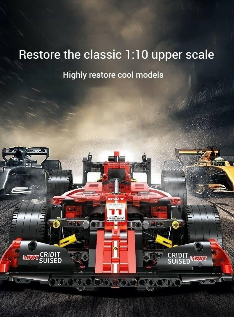 Main finished product image: Formula One racing car building block model, collectible toys for boys over 14 years old, dynamic piston

Packaging box image: exquisite packaging gift box + stickers + assembly instructions

Detailed image: Rotating F1 racing car tire mechanical structure STEAM teaching aids
