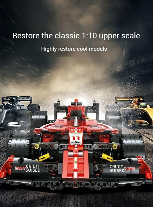 Main finished product image: Formula One racing car building block model, collectible toys for boys over 14 years old, dynamic piston

Packaging box image: exquisite packaging gift box + stickers + assembly instructions

Detailed image: Rotating F1 racing car tire mechanical structure STEAM teaching aids