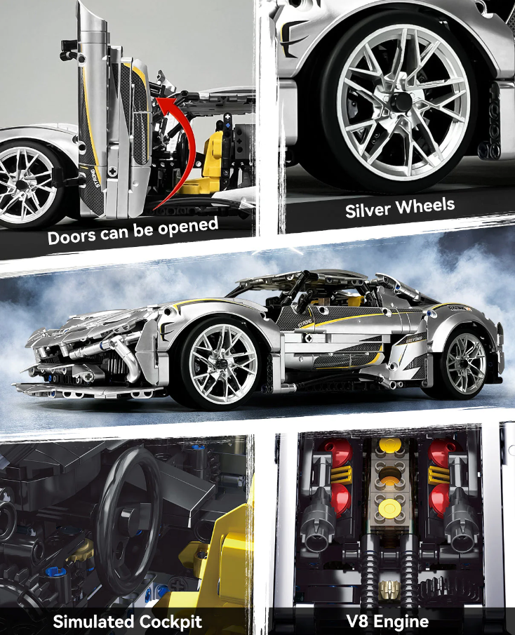 1:10 Silver Koenigsegg Building Block Supercar Power Edition (2086 pieces)
