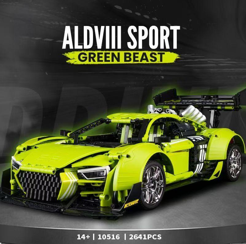 R8 Green Beast, a large rear wing building block supercar (2641 pieces)