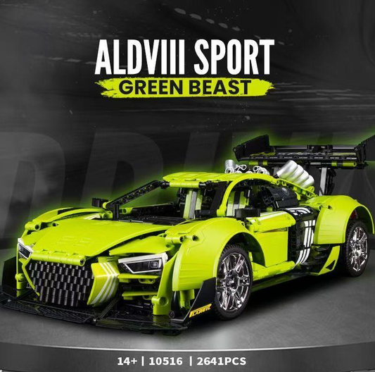 R8 Green Beast, a large rear wing building block supercar (2641 pieces)