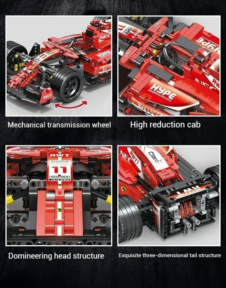 Main finished product image: Formula One racing car building block model, collectible toys for boys over 14 years old, dynamic piston

Packaging box image: exquisite packaging gift box + stickers + assembly instructions

Detailed image: Rotating F1 racing car tire mechanical structure STEAM teaching aids