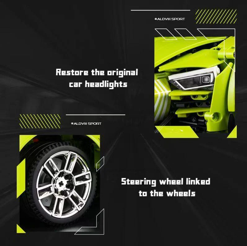 R8 Green Beast, a large rear wing building block supercar (2641 pieces)