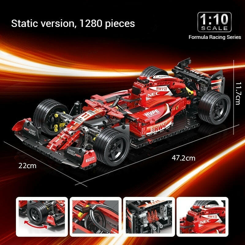 Main finished product image: Formula One racing car building block model, collectible toys for boys over 14 years old, dynamic piston

Packaging box image: exquisite packaging gift box + stickers + assembly instructions

Detailed image: Rotating F1 racing car tire mechanical structure STEAM teaching aids
