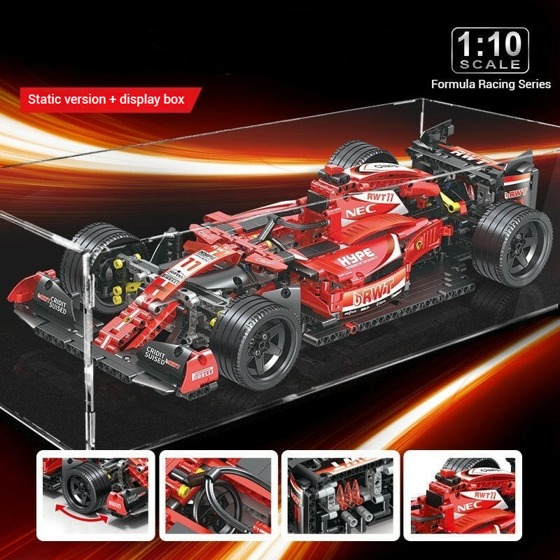 Main finished product image: Formula One racing car building block model, collectible toys for boys over 14 years old, dynamic piston

Packaging box image: exquisite packaging gift box + stickers + assembly instructions

Detailed image: Rotating F1 racing car tire mechanical structure STEAM teaching aids