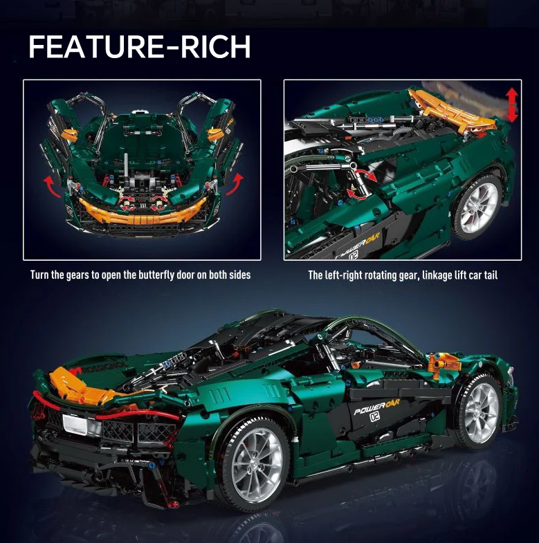 1:8 Dark Green Beast P1 Building Block Supercar (3239 pieces)