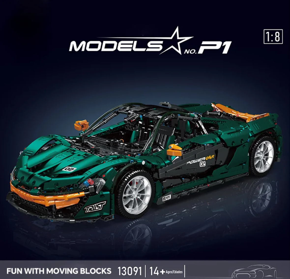 1:8 Dark Green Beast P1 Building Block Supercar (3239 pieces)