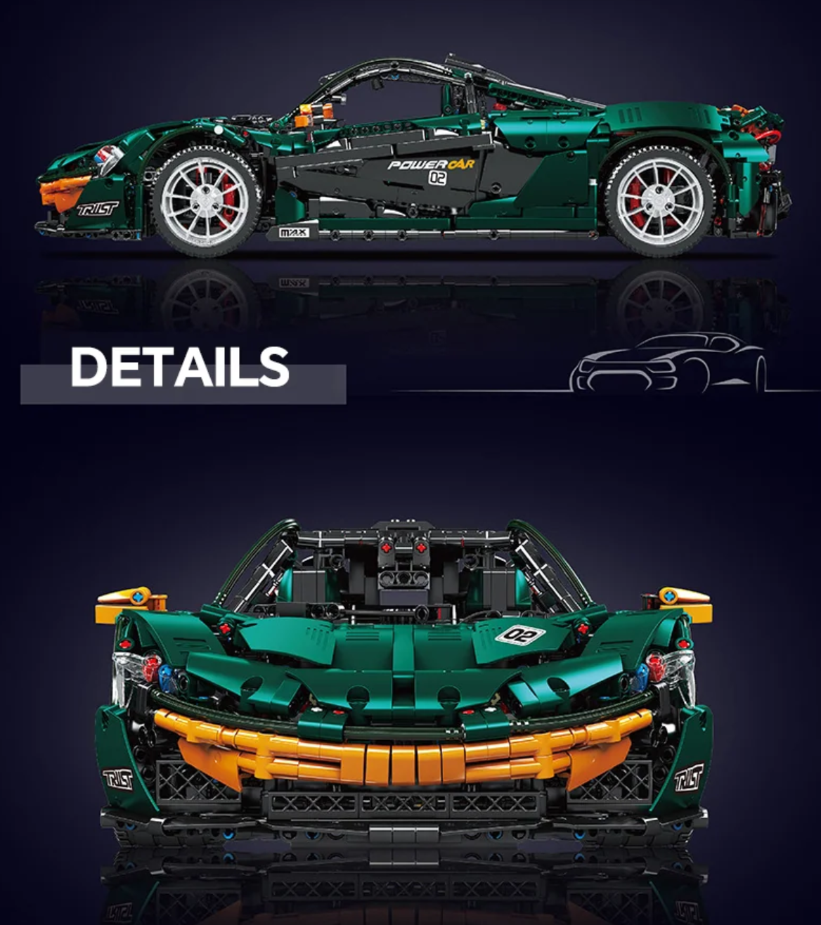 1:8 Dark Green Beast P1 Building Block Supercar (3239 pieces)